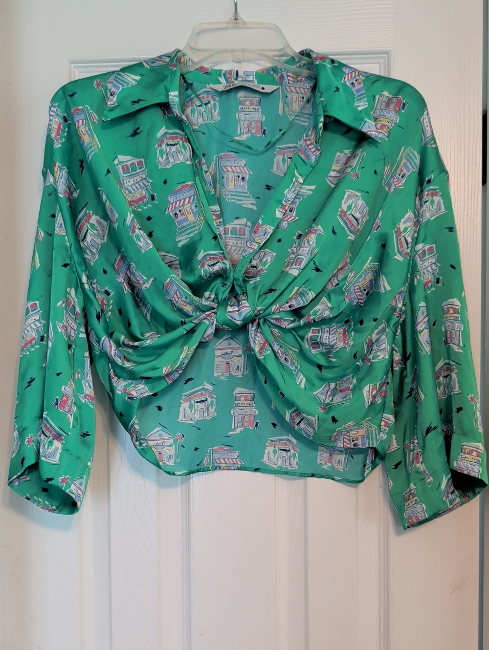Zara Green Knot-Front Printed Blouse
